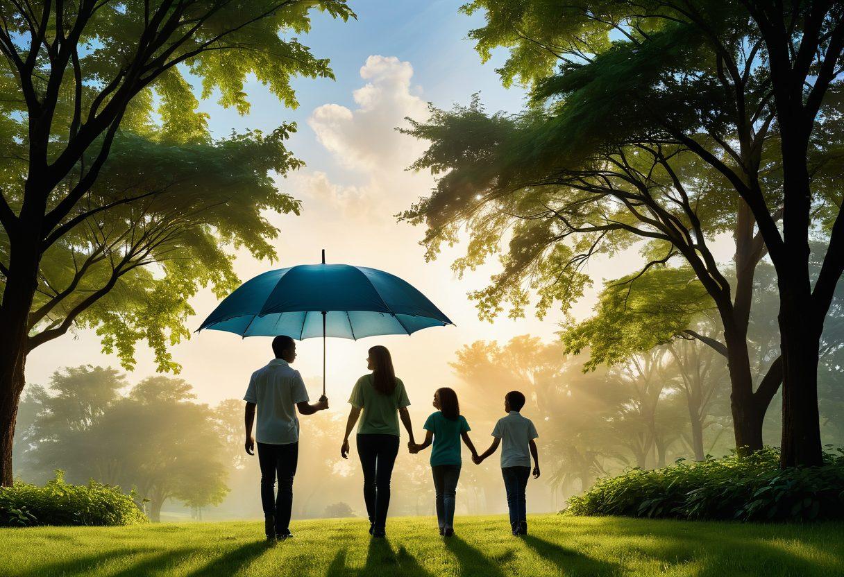 A serene landscape depicting a family standing together with a protective umbrella overhead, symbolizing safety and coverage. In the background, silhouettes of trustworthy insurance agents are offering support and guidance. Sunlight breaks through clouds, signifying hope for the future. A color palette of calming blues and greens. super-realistic. vibrant colors.
