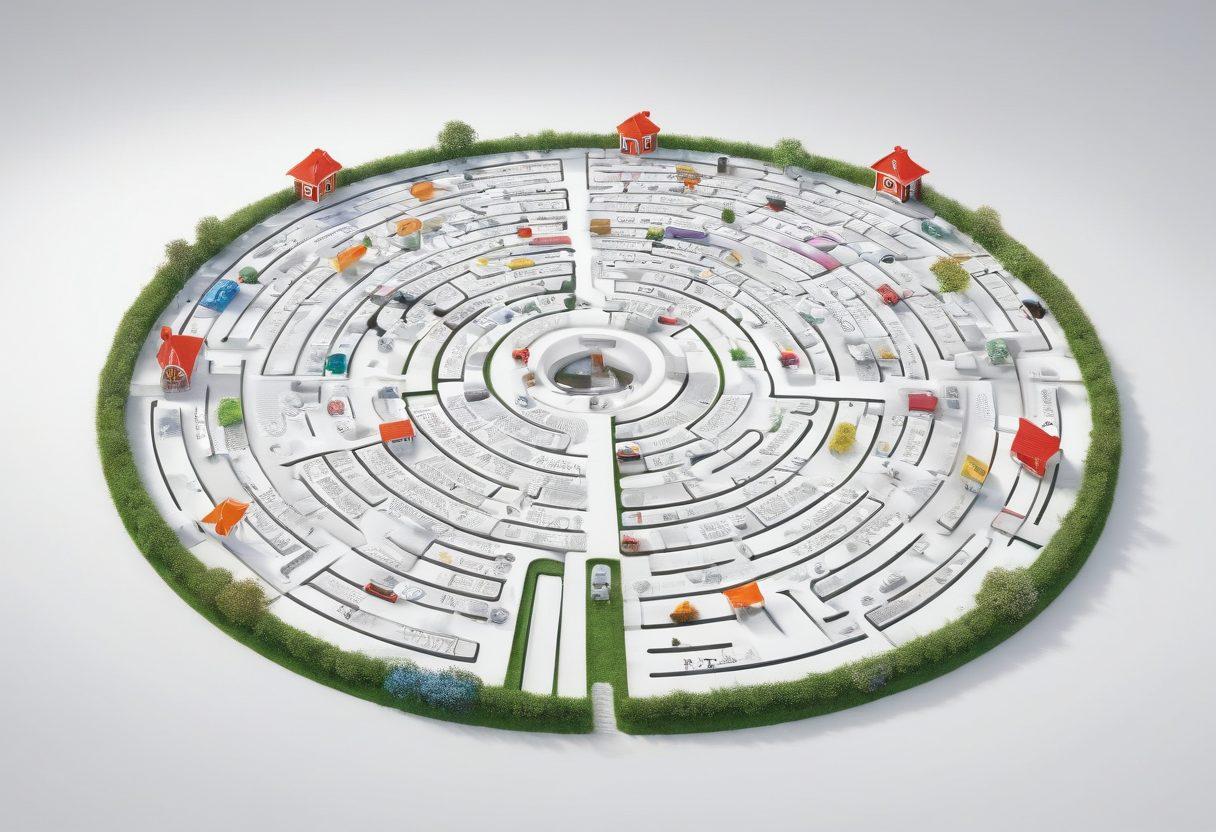 A labyrinth made of various insurance symbols like houses, cars, and medical icons, with a person holding a map looking for the right path. Include vibrant paths of different colors leading to various coverage options, while quotes float around like bubbles. The scene is set in a bright, clear sky to represent clarity in confusion. super-realistic. vibrant colors. white background.