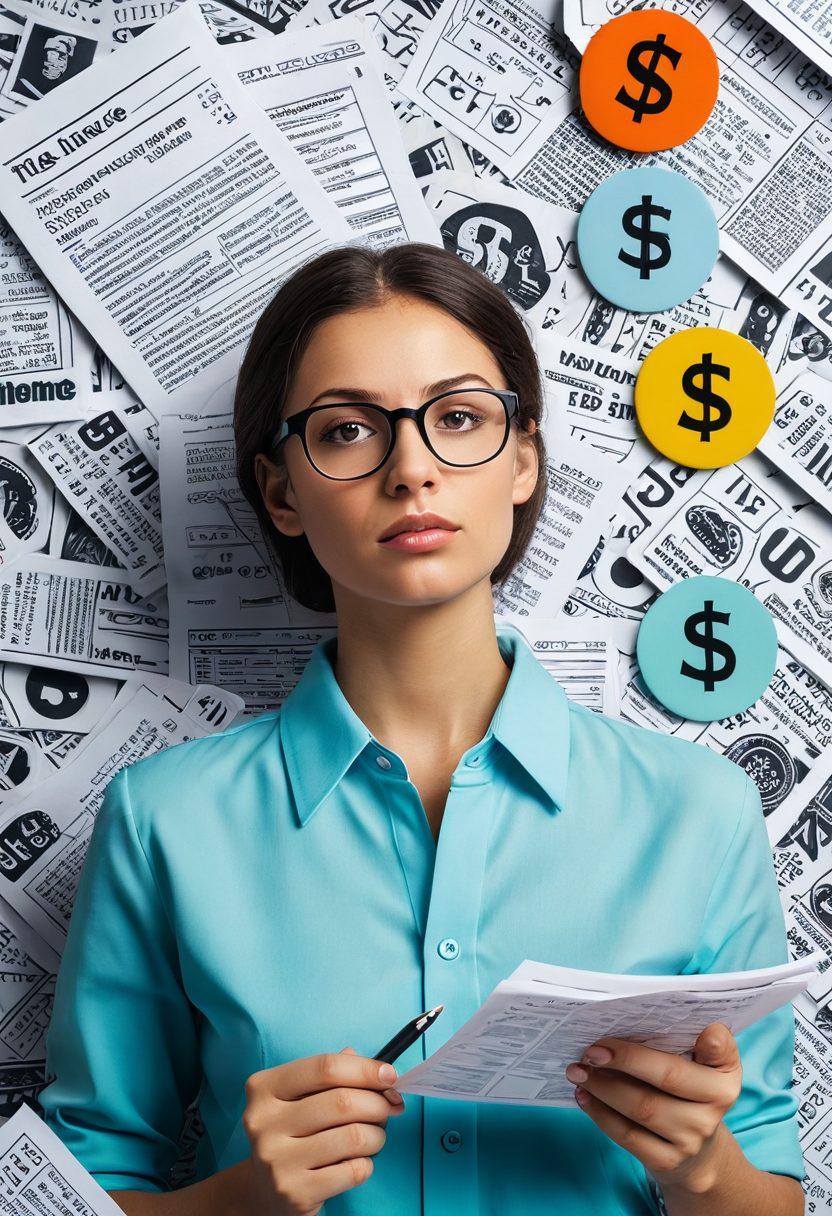 A visually engaging collage depicting various insurance quotes, with bold numbers and symbols representing savings. Include a calculator, dollars signs, and a magnifying glass highlighting the best deal amidst a variety of policy documents. A person comparing options with a thoughtful expression, surrounded by a soothing color palette. super-realistic. vibrant colors. modern design.